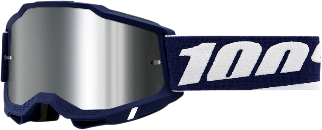 Bill's Exhausts 100% Accuri 2 Goggles in silver mirror with black frame, featuring clear lens and adjustable strap for motocross or outdoor use.