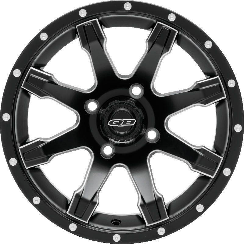 QuadBoss 14x7 PowerSports wheels with 4/110 bolt pattern and 5+2 offset, shown in black with a rugged design.