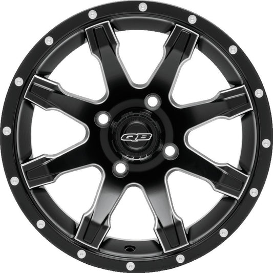QuadBoss 14x7 PowerSports wheels with 4/110 bolt pattern and 5+2 offset, shown in black with a rugged design.