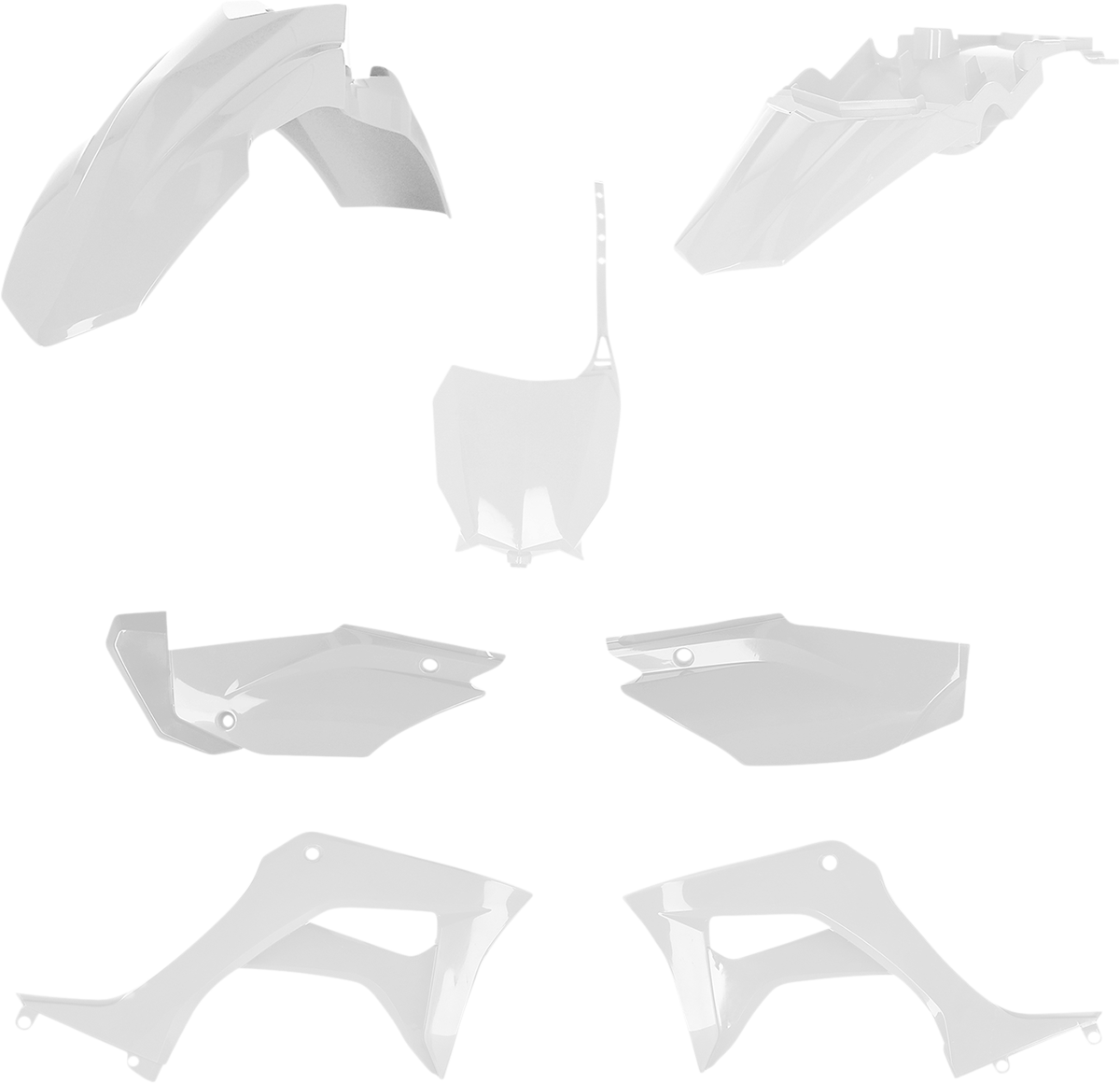 A white Acerbis full replacement body kit for motorcycles, featuring sleek design and durable construction for a clean custom look.