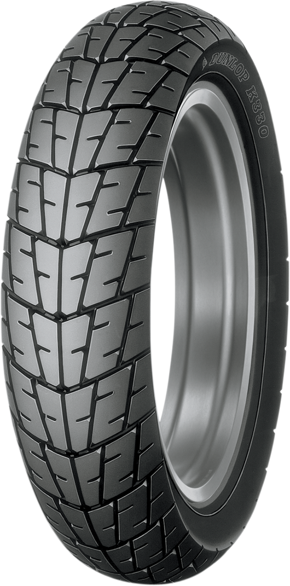 Dunlop K330 front motorcycle tire 100/80-16 50S shown on a motorcycle wheel with tread pattern visible