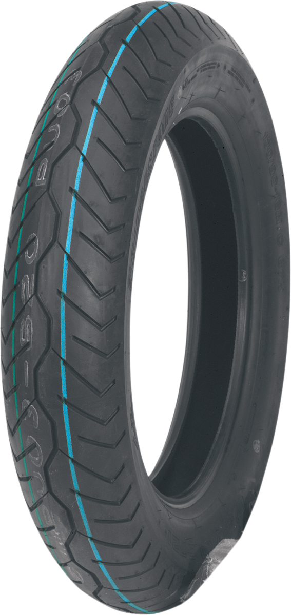 BRIDGESTONE Exedra G721-F front motorcycle tire 100/90-19 57H with tread pattern, sidewall details, and branding visible.