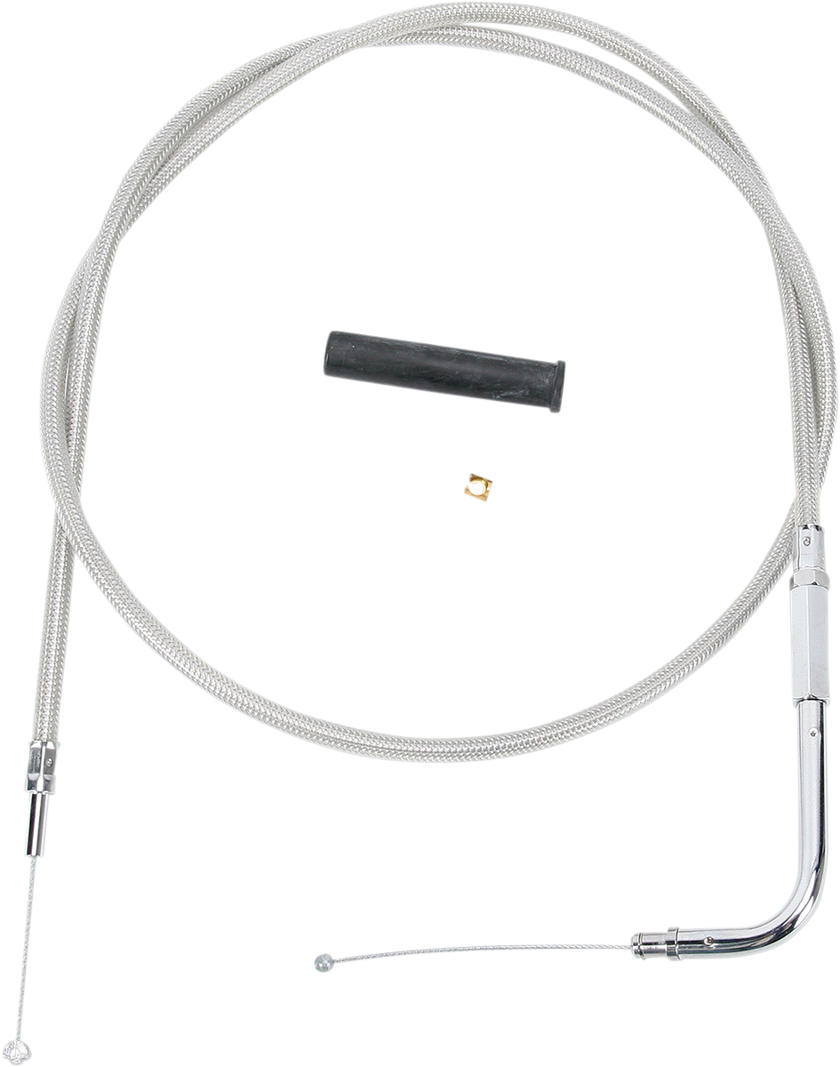 Stainless braided throttle cable by Drag Specialties, 42.5 inches long, with metal fittings for motorcycle throttle control.