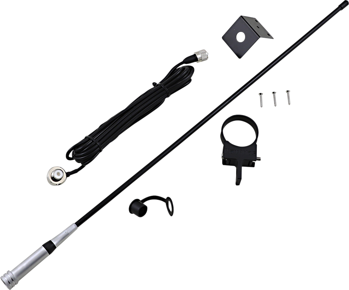 Bill's Exhausts NAVATLAS antenna with mount installed on engine, durable antenna component for vehicle communication systems.