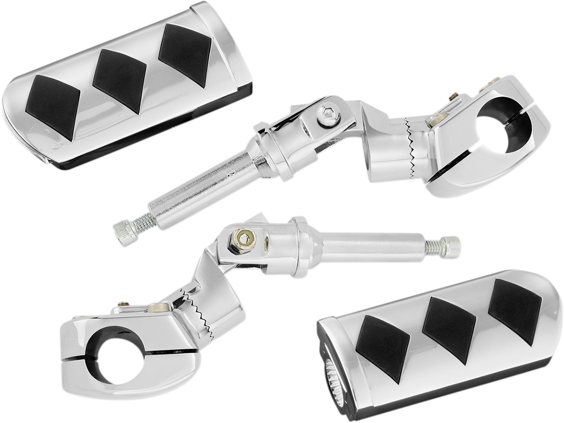 Bill's Exhausts SHOW CHROME Highway Pegs Diamond style mounted on a GL1800 engine for motorcycle touring and support.