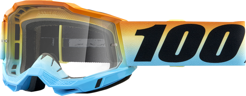 Bill's Exhausts 100% Youth Accuri 2 Goggles in Sunset with clear lenses, showcasing sporty design and adjustable strap.