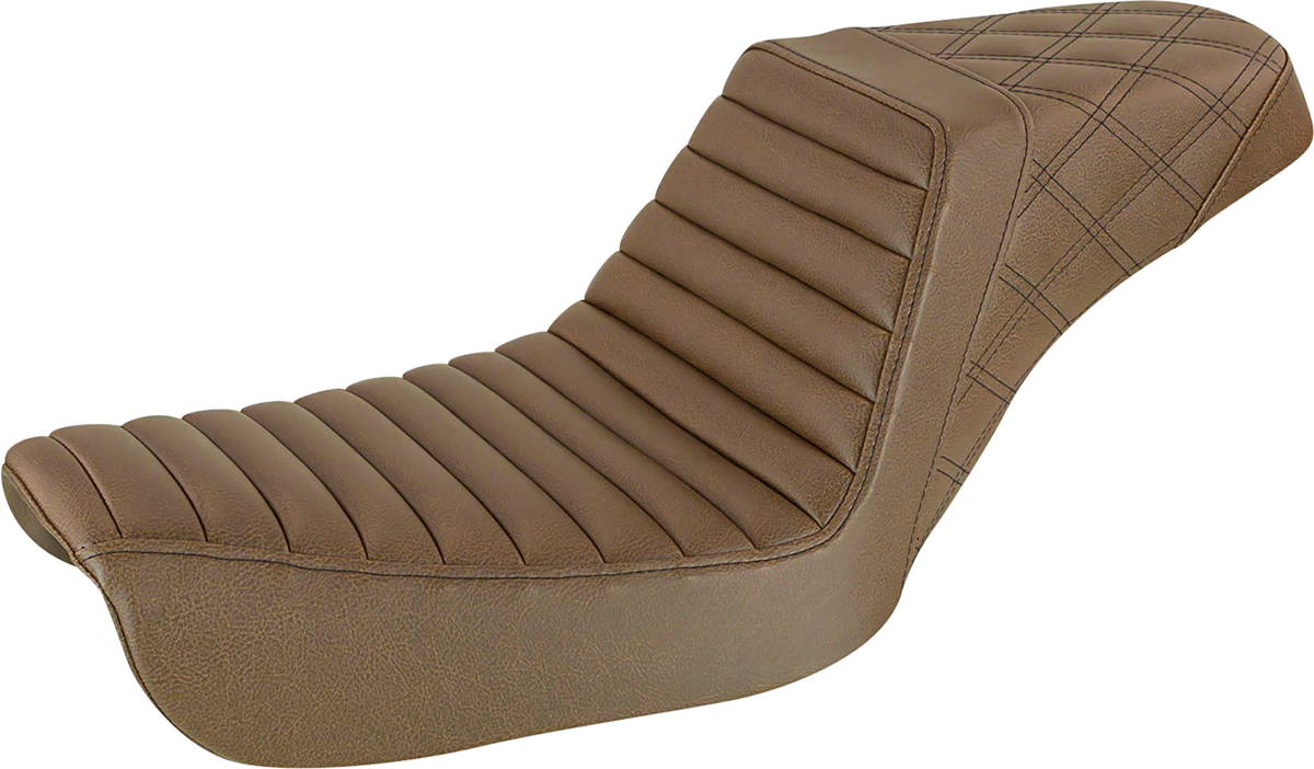 Brown SADDLEMEN Step-Up Seat for FXD motorcycle, front tuck-n-roll and rear lattice stitch design, by Bill's Exhausts.