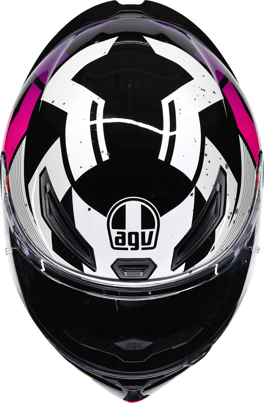 AGV K1 S Punkpulse full face motorcycle helmet in black, purple, and lime with venting and aerodynamic design, medium size.