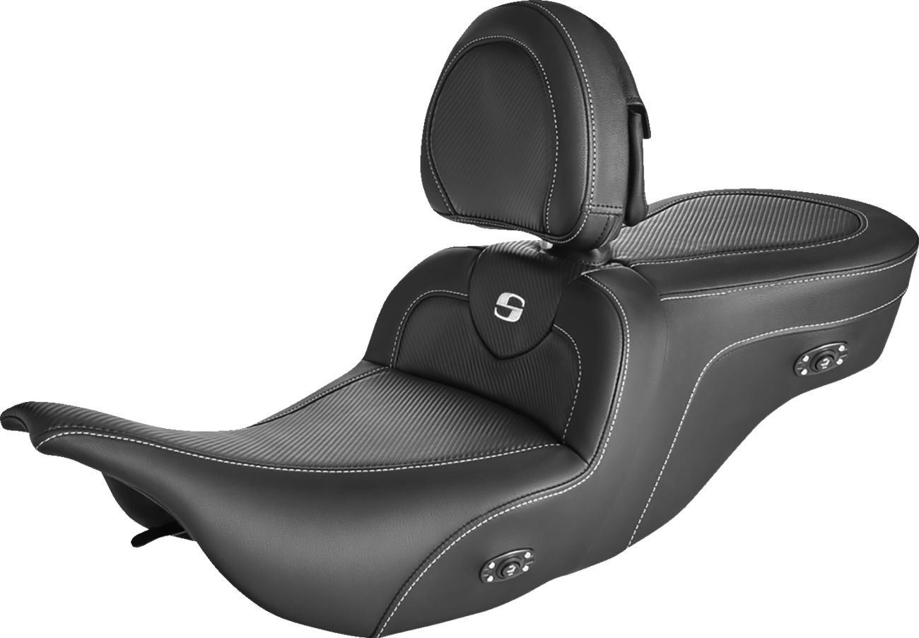 SADDLEMEN Roadsofa Carbon Fiber Seat with driver backrest and heater in black, designed for motorcycle comfort and style.