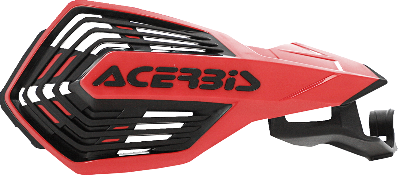 A pair of ACERBIS K-Future red and black motorcycle handguards on a body background, designed for bike protection.