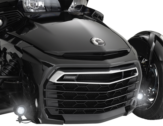 Black satin SHOW CHROME driving lights for Spyder F3 engine by Bill's Exhausts, mounted on vehicle with polished finish.