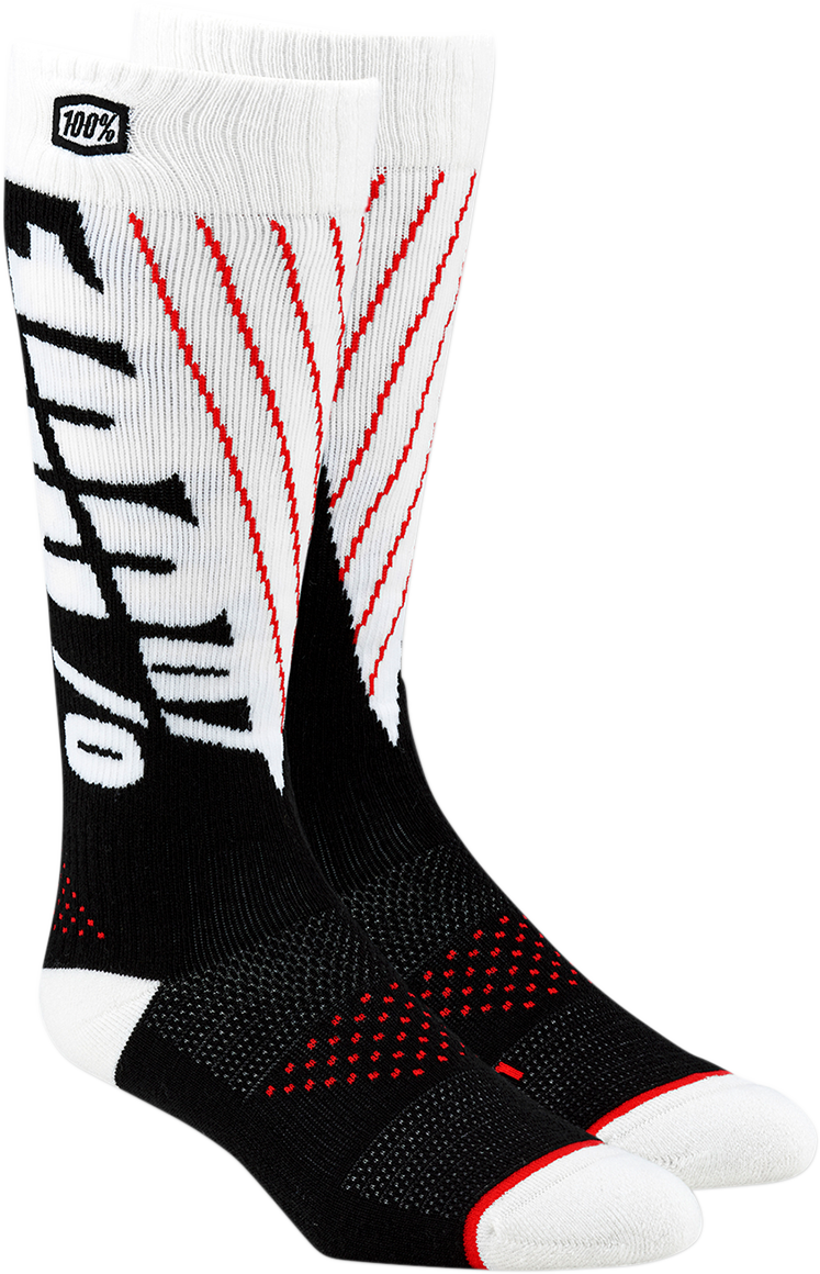 Bill's Exhausts 100% Torque Comfort Moto Socks in black and white, small/medium size, with reinforced toe and ankle support.