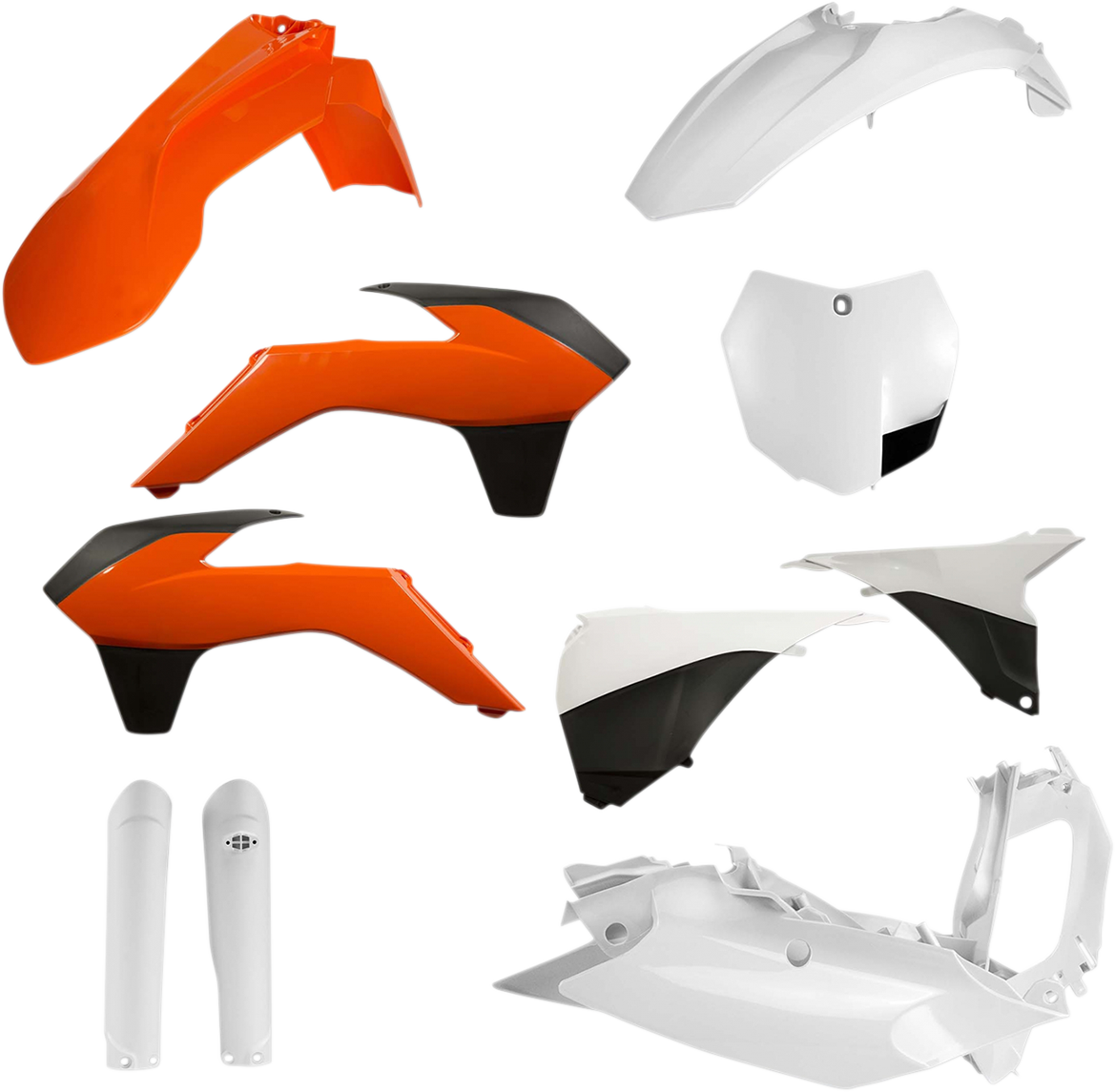 Acerbis full replacement body kit in OEM orange, white, and black for motorcycles, featuring detailed body panels and decals.