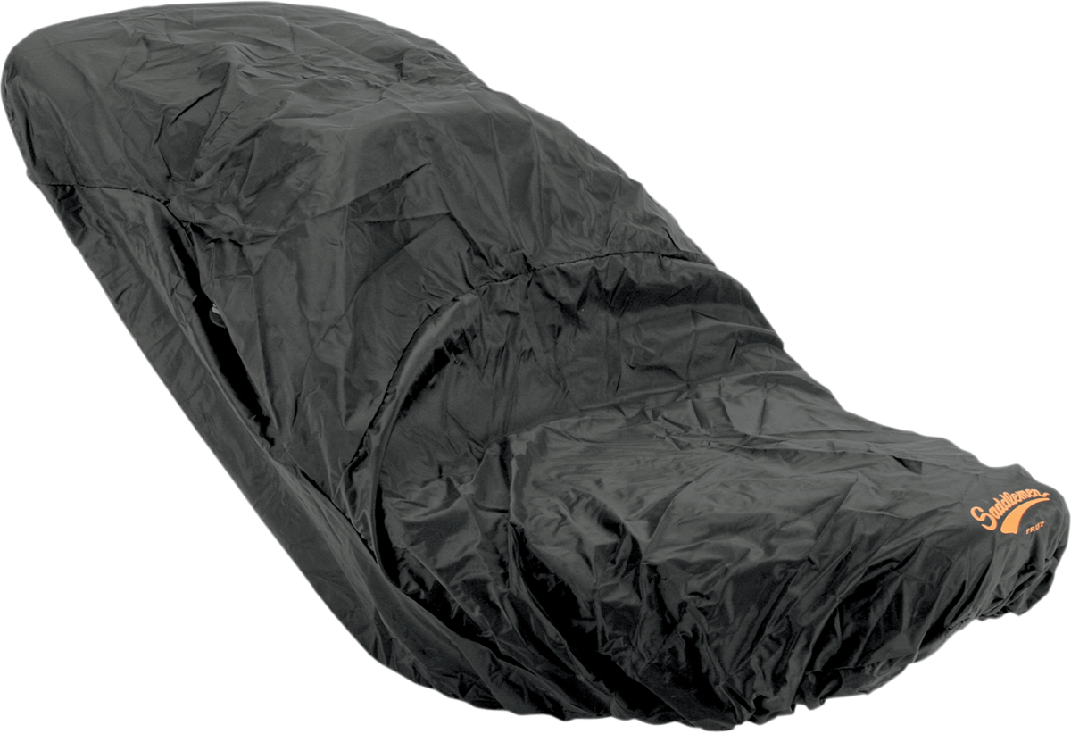 SADDLEMEN Seat Rain Cover R910 on motorcycle seat, waterproof protection, fits SADDLEMEN seats for outdoor riding.