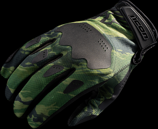 ICON Hooliganâ„¢ Tiger's Blood green gloves in medium size, featuring bold tiger stripe design by Bill's Exhausts.