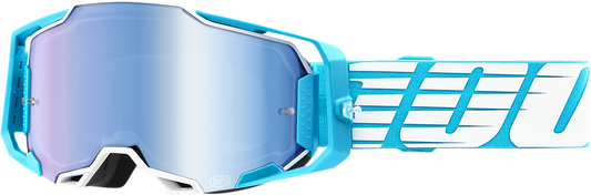 Bill's Exhausts 100% Armega Oversized Sky Blue Mirror Goggles with reflective lenses and black frame for motocross or racing.