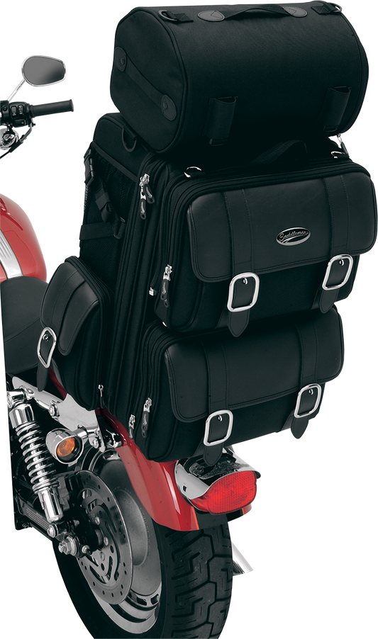 Bill's Exhausts SADDLEMEN S3200DE Deluxe Sissy Bar Bag seat with sturdy design and secure mounting for motorcycle sissy bar.