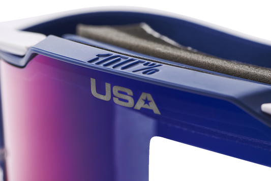 Bill's Exhausts 100% Armega MX goggles with HiPER Red/Blue Mirror lenses, featuring a sleek design and adjustable strap.