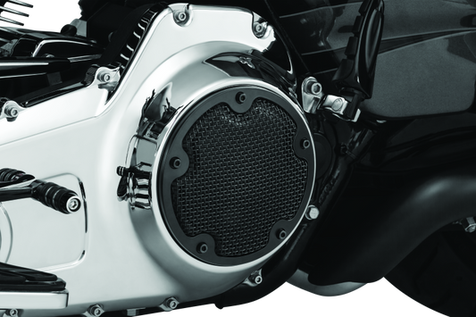 Kuryakyn Mesh Derby Cover in black for Harley-Davidson Touring models, showcasing the stylish motorcycle engine cover.