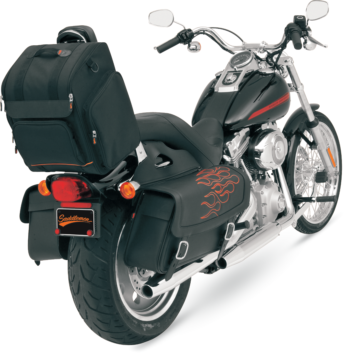 Bill's Exhausts SADDLEMEN SSR1900 universal bike seat bag attached to motorcycle seat, with secure straps and durable design.