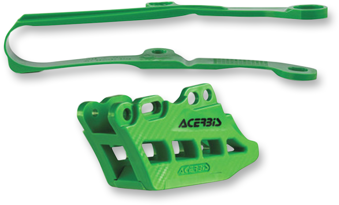 A green ACERBIS Chain Guide 2.0 and Slider Kit installed on a Kawasaki KX250F/450F motorcycle, showing the body and components.