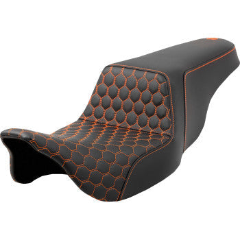 SADDLEMEN Step-Up Seat for Harley FL models 2008-2023, honeycomb design with orange stitching, by Bill's Exhausts.