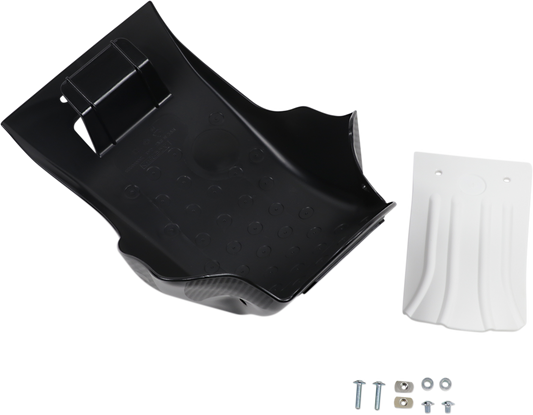 ACERBIS RM-Z 250 skid plate in black and white, designed for motorcycle body protection, with mounting brackets visible.