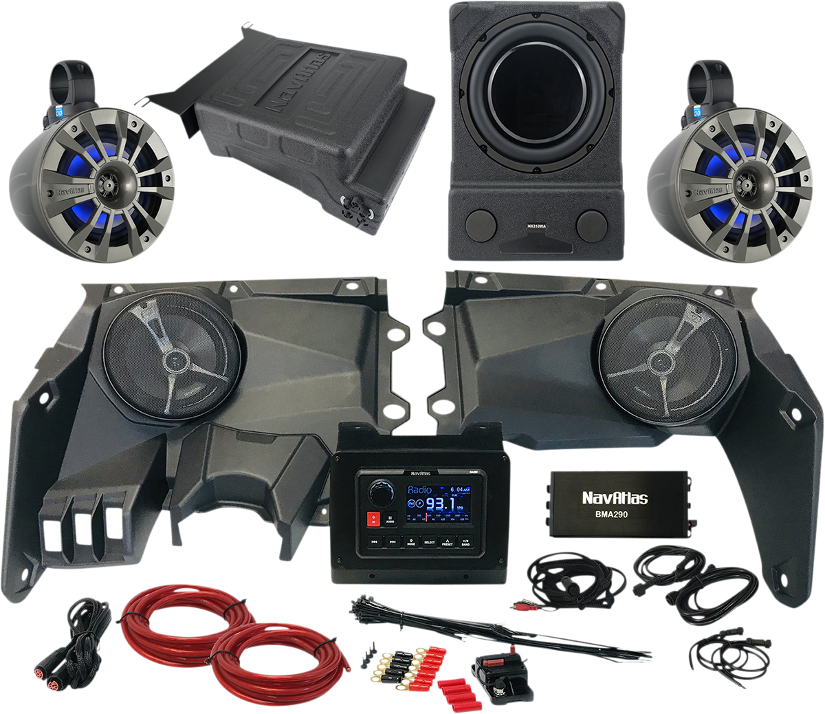 Bill's Exhausts NAVATLAS Zone 5 X3 X35ZONE5 speakers from the Audio Kit, showing sleek black speaker units with branding details.