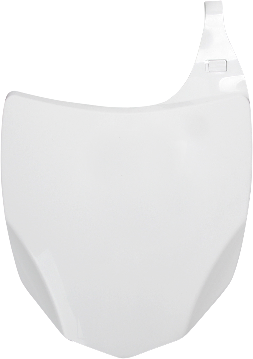 White ACERBIS front number plate mounted on a motorcycle body, featuring clear lettering and a sleek design.