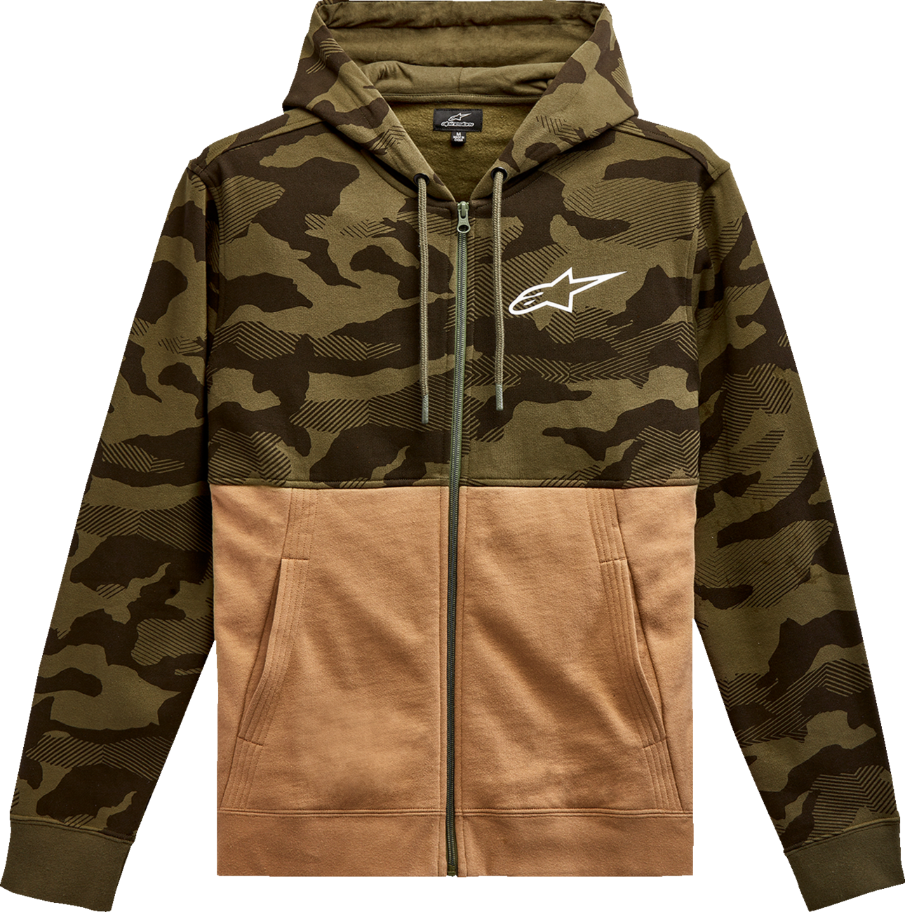 Alpinestars Camo Block Hoodie in military sand color, XL size, featuring a camouflage pattern and comfortable hood design.
