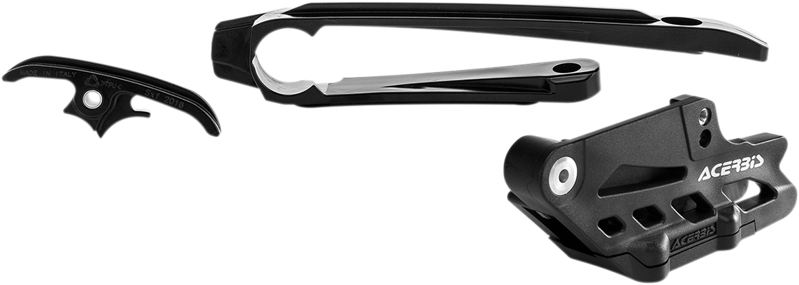 A black Acerbis chain guide and slider kit for KTM motorcycles, featuring metal components and mounting points.
