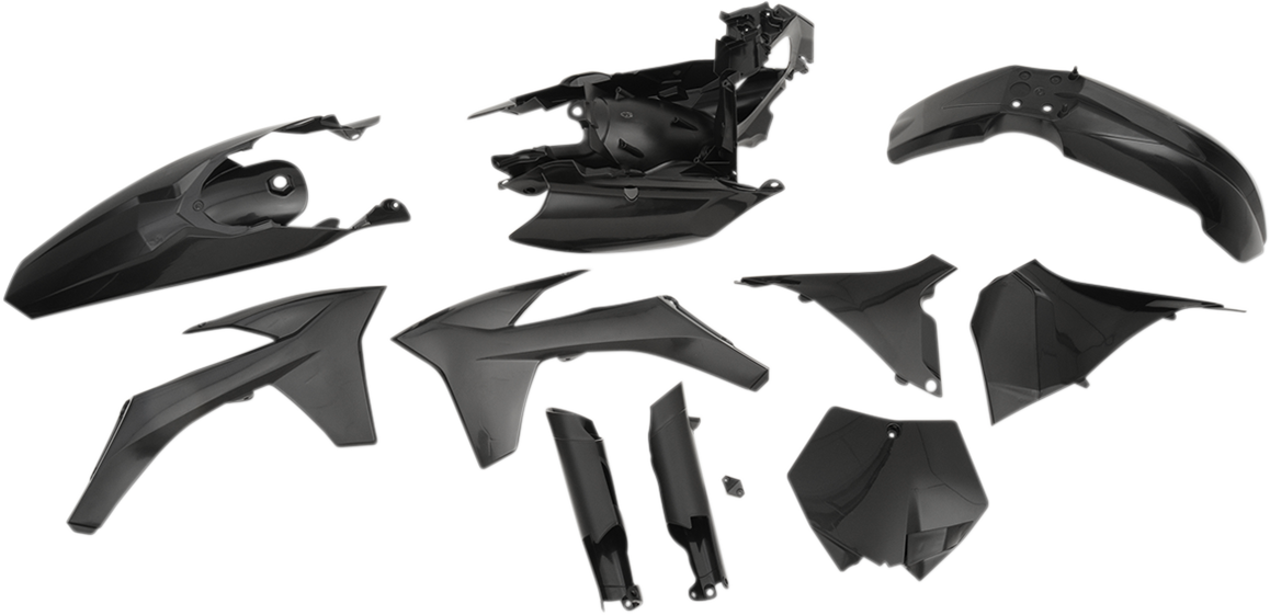A black Acerbis full replacement body kit for motorcycles, featuring sleek, seamless panels and aerodynamic design.