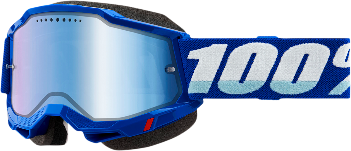 Bill's Exhausts 100% Accuri 2 snow goggles in blue with blue mirror lenses, designed for winter sports and snowboarding.