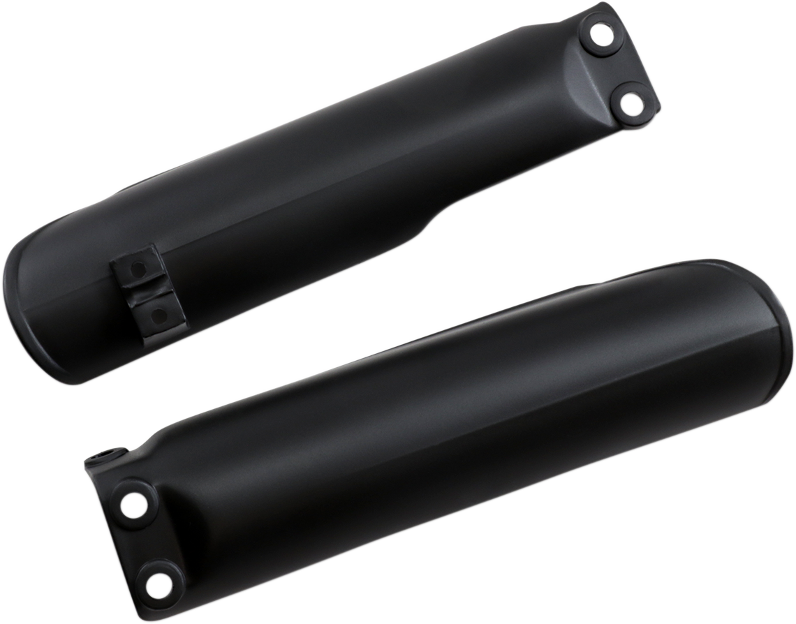 Black Acerbis lower fork covers for inverted forks, designed for motorcycle suspension protection, shown on a bike.
