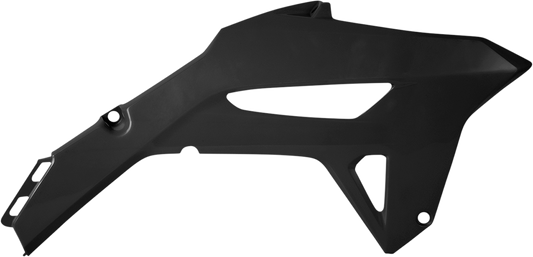 Black ACERBIS radiator shroud for motorcycle body customization, designed for optimal airflow and stylish appearance.
