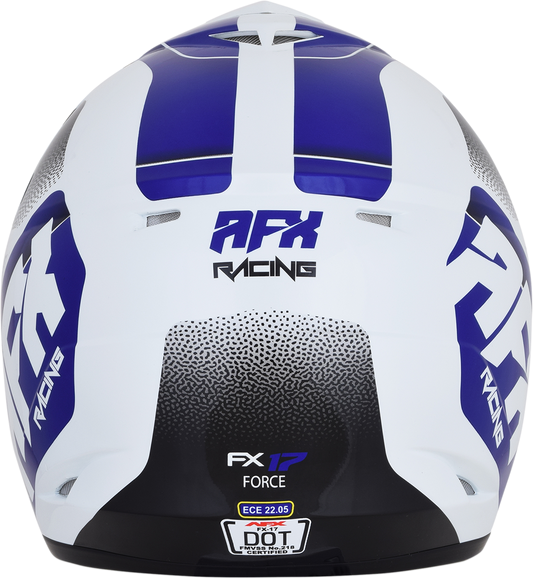 Pearl white and blue AFX FX-17 Force helmet in XS size, with aerodynamic design and clear visor, for motorcycle riding.