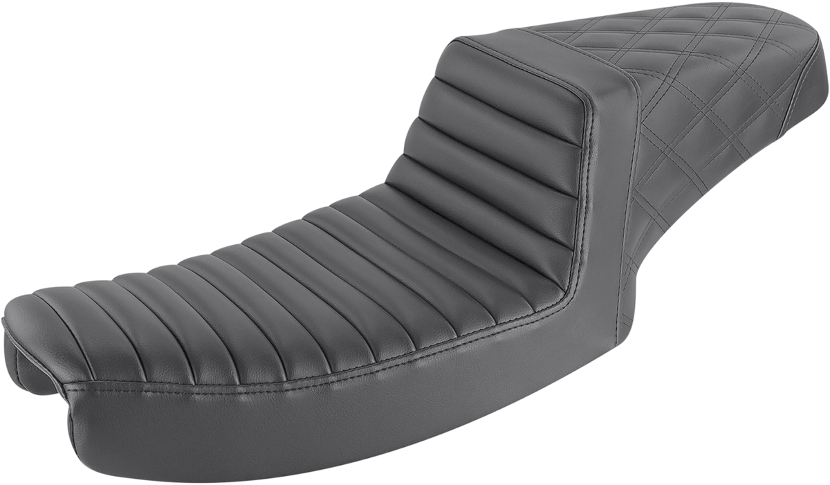 Bill's Exhausts SADDLEMEN step-up front seat with tuck-n-roll and lattice stitch for Harley Dyna in black.