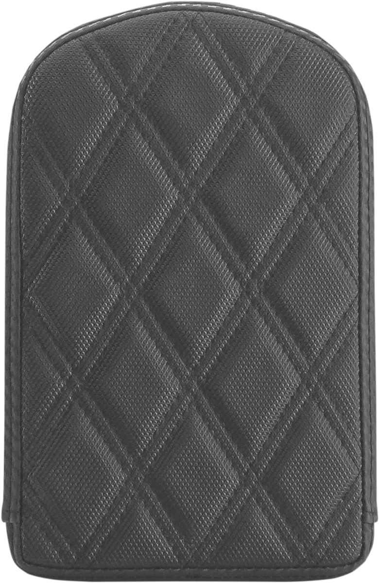 Black SADDLEMEN Sissy Bar Pad with lattice stitching for motorcycle seats, designed for Bill's Exhausts bikes.