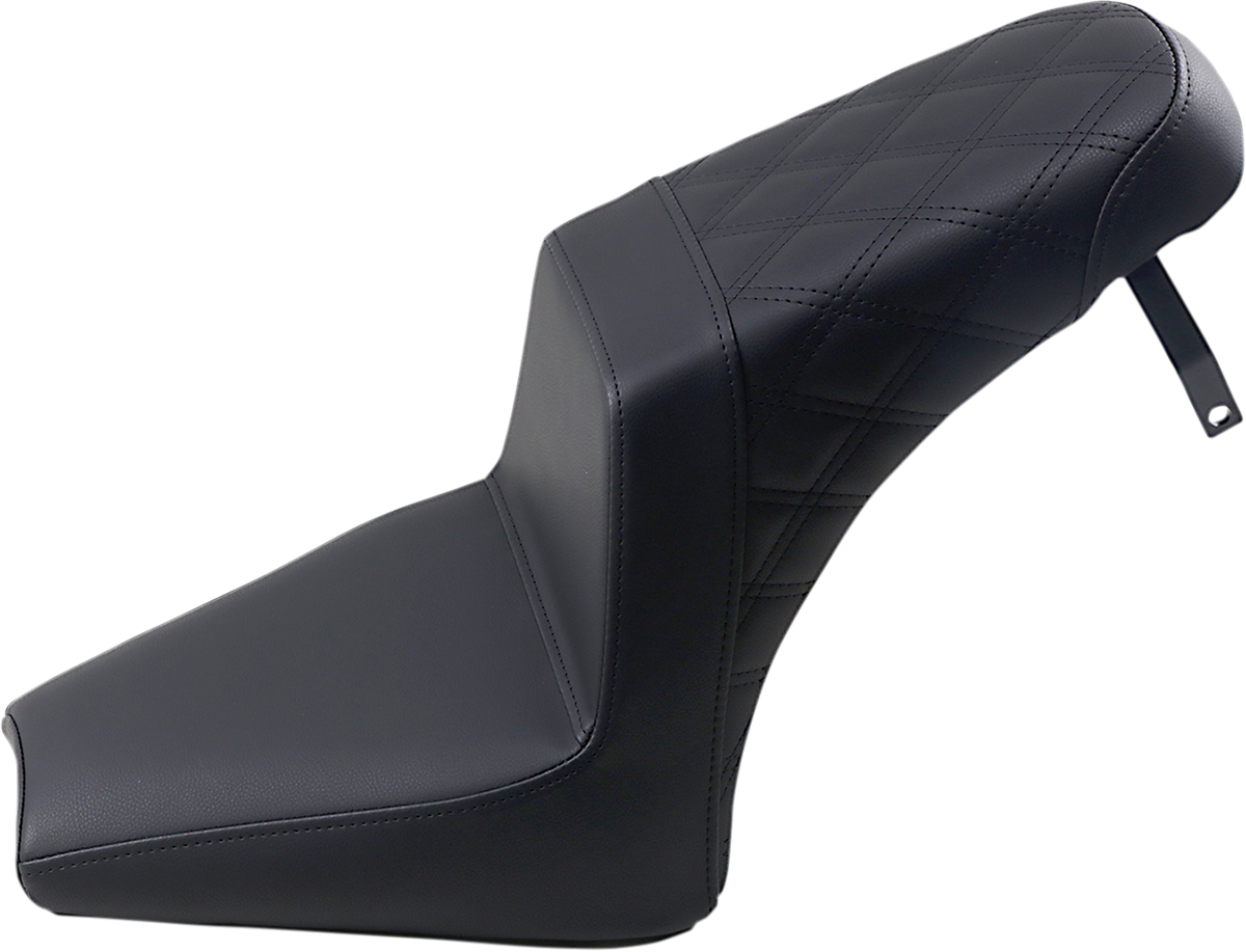 Black SADDLEMEN Step Up Seat for Scout Bobber, front smooth and rear lattice design, by Bill's Exhausts.