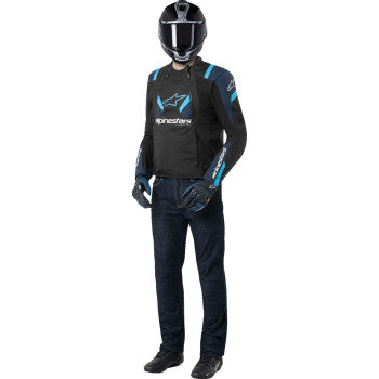 Black, dark blue, and blithe blue Alpinestars T-Stunt Air motorcycle jacket in small size, featuring protective design and ventilation.