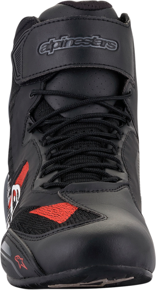 Alpinestars Faster-3 Rideknit® shoes in black, gray, and red, US size 10, featuring sporty design and breathable material.