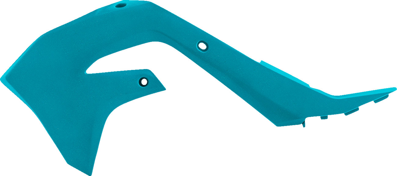 A set of teal metallic ACERBIS radiator shrouds with body design, featuring brand-specific details and a sleek finish.
