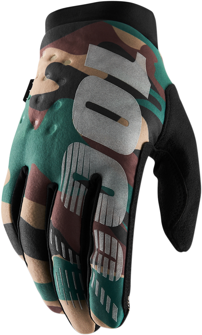 Bill's Exhausts 100% Brisker Camo Gloves in large size, showing the camouflage fabric and glove design for outdoor activities.