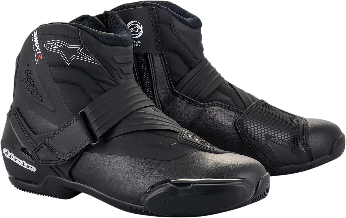 Alpinestars SMX-1 R v2 motorcycle riding boots in black, US 11.5 / EU 46, showing the sleek design and protective features.
