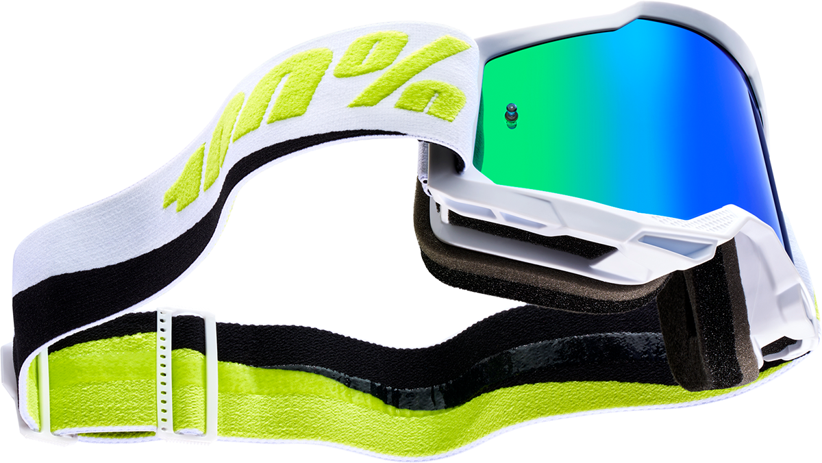 Bill's Exhausts 100% Accuri 2 goggles in Peyote green mirror with tinted lenses and adjustable strap, designed for motocross riding.