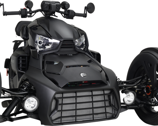 Black SHOW CHROME LED Driving Light Kit for Ryker, installed on engine, with sleek black finish for enhanced visibility and style.