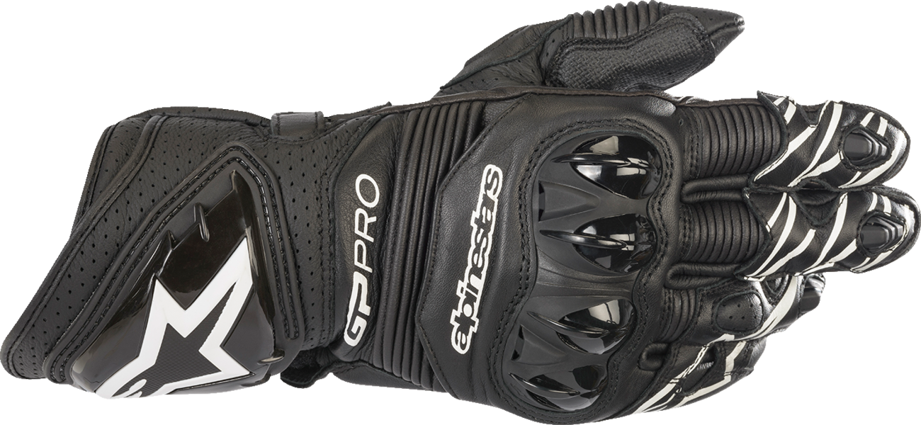 Black Alpinestars GP Pro RS3 motorcycle gloves with protective armor, size small, shown on a plain background.