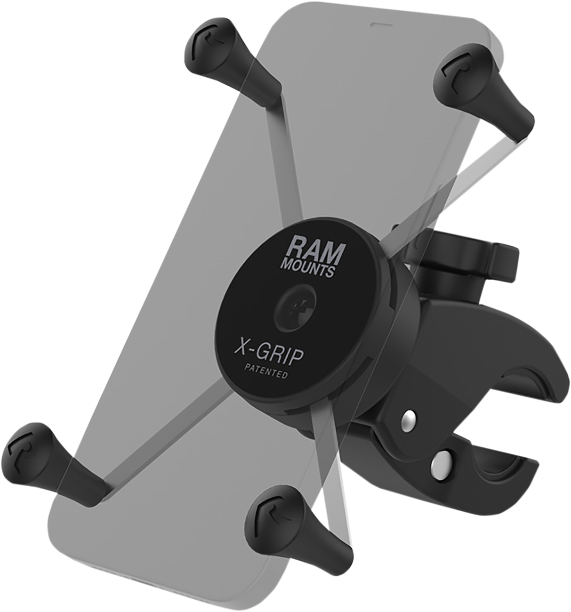 RAM MOUNTS X-Grip phone mount with Tough-Claw clamp attached to vehicle engine, showing secure rubber grips and sturdy construction.