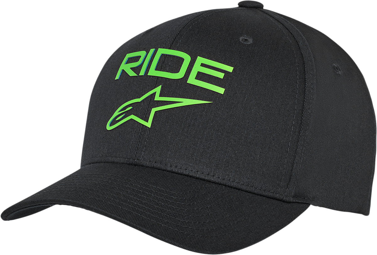 Alpinestars Ride Transfer Hat in black and green, large/XL size, featuring the Alpinestars logo and sporty design.