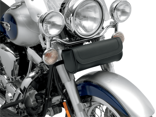 Large Saddlemens Tool Pouch from Bill's Exhausts, designed for motorcycle seats, shown attached to the seat in this image.